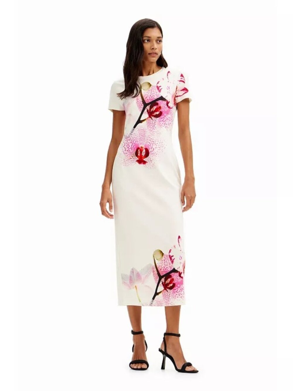 Desigual White Midi Dress with Pink Floral Orchid Print NWT Size XL